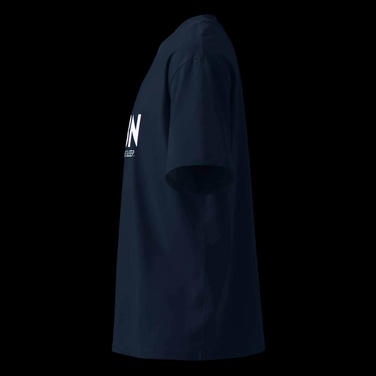 Left-side product view of the French Navy CBN Helps Me Sleep oversized organic high-neck tee.