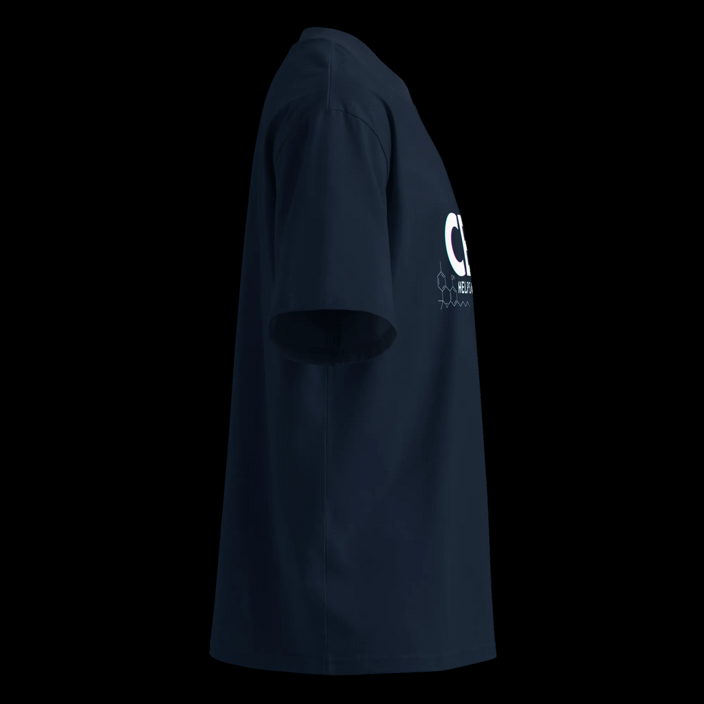 Right-side product view of the French Navy CBN Helps Me Sleep oversized organic high-neck tee.
