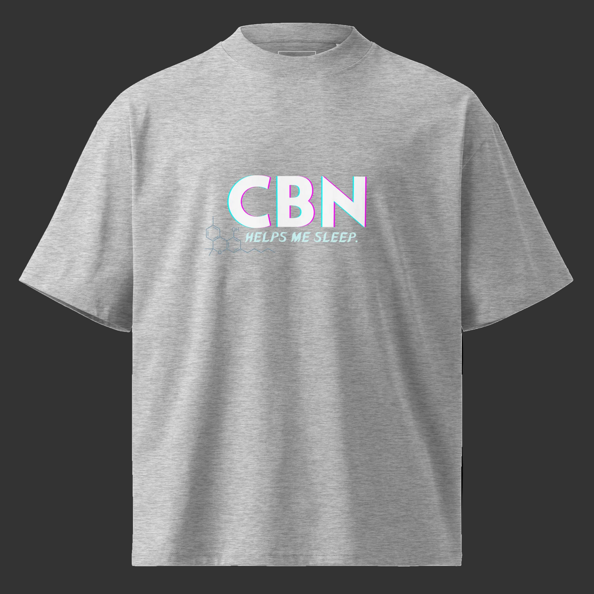 Front product mockup of the Heather Grey CBN Helps Me Sleep oversized organic high-neck tee with a CBN molecular graphic.