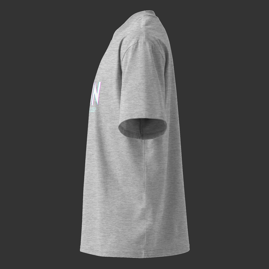 Left-side product view of the Heather Grey CBN Helps Me Sleep oversized organic high-neck tee.