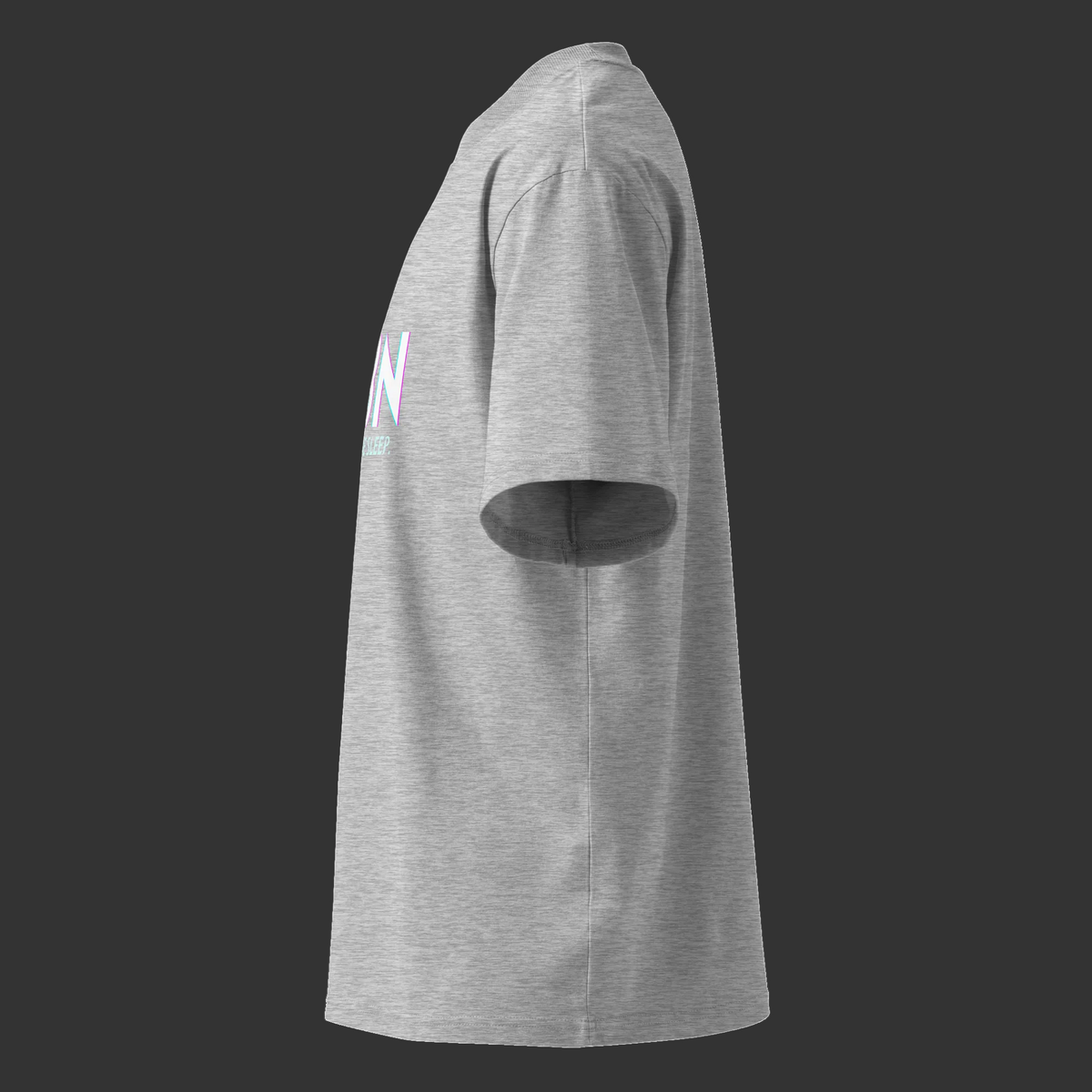 Left-side product view of the Heather Grey CBN Helps Me Sleep oversized organic high-neck tee.
