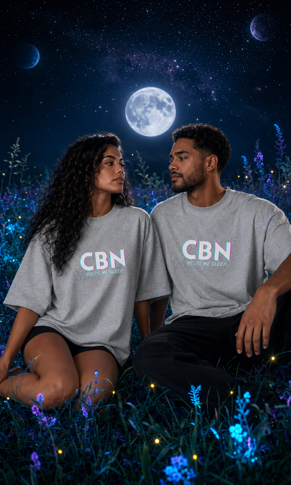 Woman and man sitting together in a moonlit meadow wearing matching Heather Grey CBN Helps Me Sleep tees.