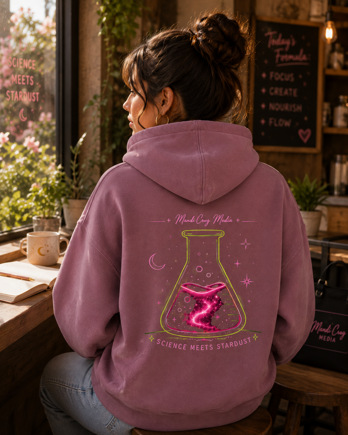 Woman wearing the dusty mauve Mandi Cruz Media hoodie from the back in a warm café setting, showcasing the oversized Science Meets Stardust flask and galaxy graphic.