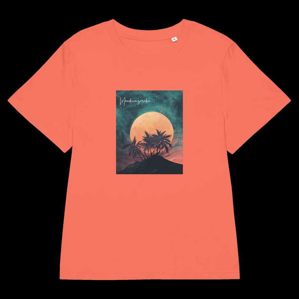 Front product mockup of the coral Fiesta Galaxy Bud Organic Tee with a moonlit botanical silhouette graphic.