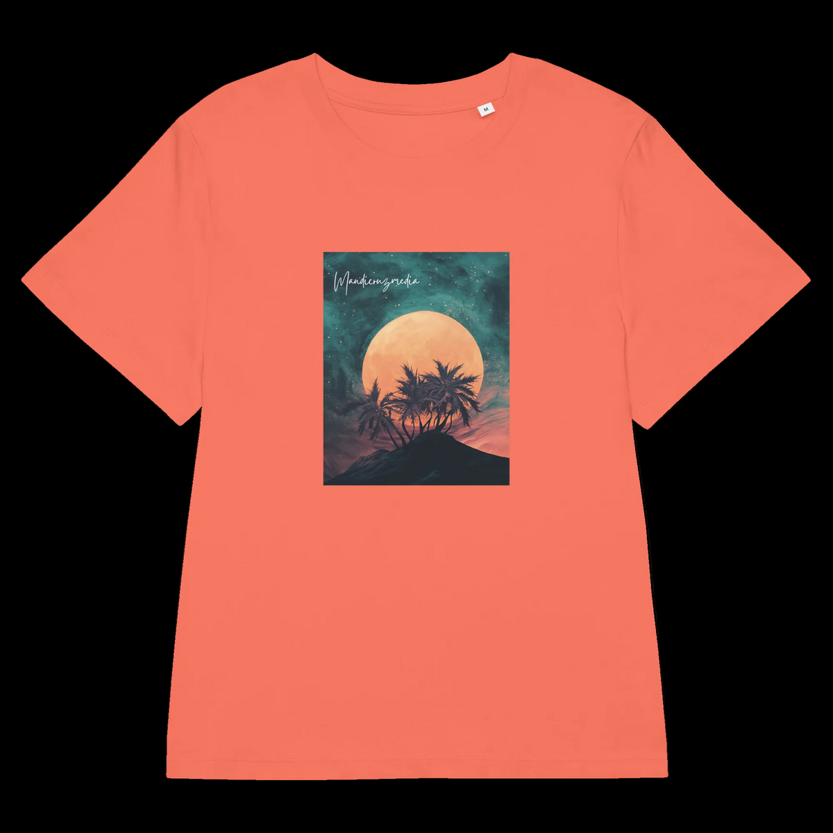 Front product mockup of the coral Fiesta Galaxy Bud Organic Tee with a moonlit botanical silhouette graphic.