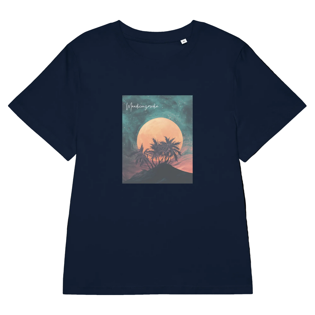 Front product mockup of the French Navy Galaxy Bud Organic Tee with a moonlit botanical silhouette graphic.