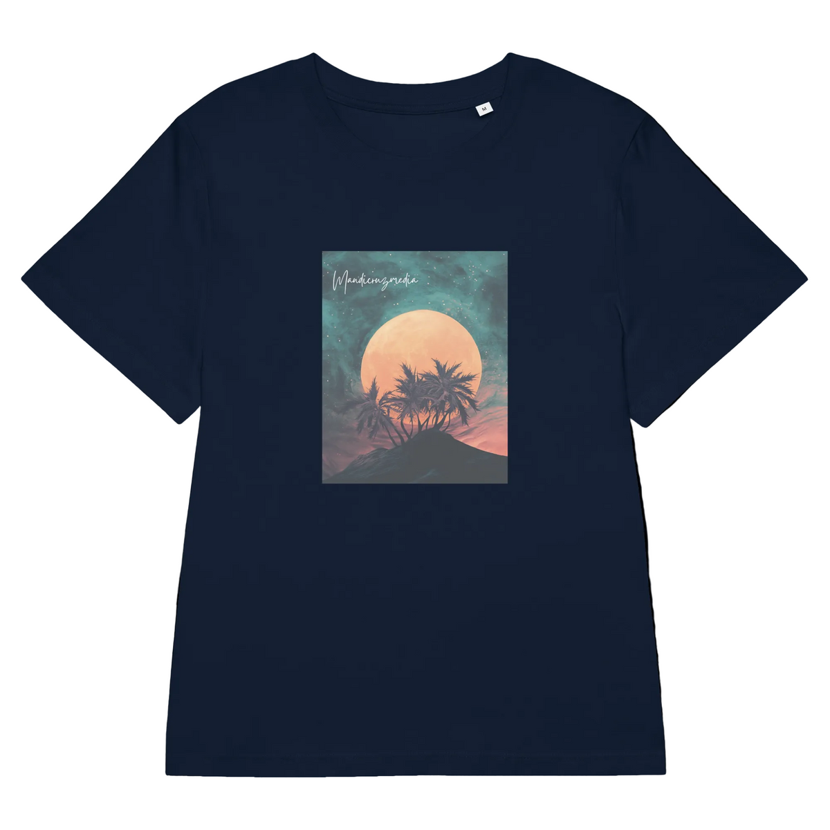 Front product mockup of the French Navy Galaxy Bud Organic Tee with a moonlit botanical silhouette graphic.