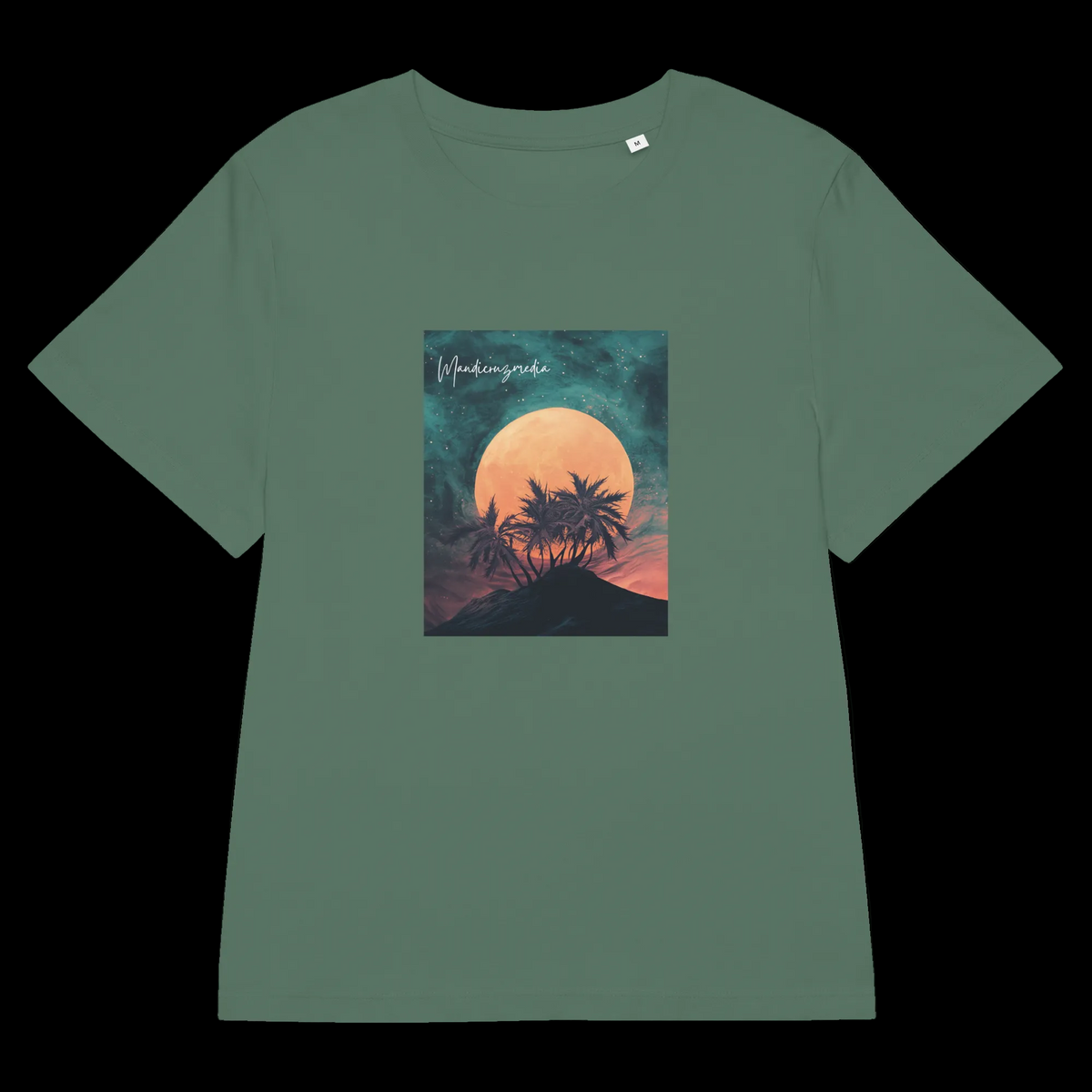 Front product mockup of the sage Green Bay Galaxy Bud Organic Tee with a moonlit botanical silhouette graphic.