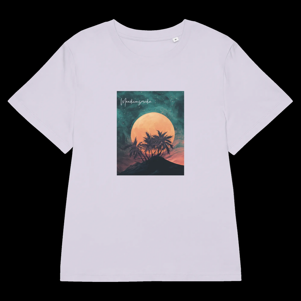 Front product mockup of the Lavender Galaxy Bud Organic Tee with a moonlit botanical silhouette graphic.