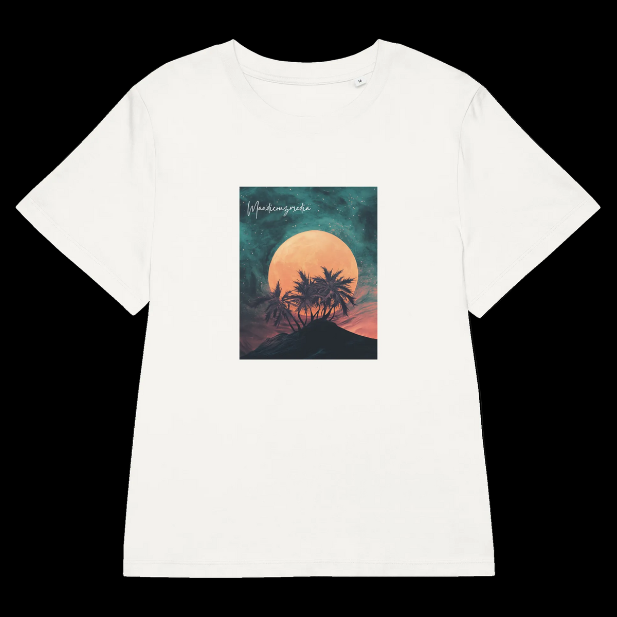 Front product mockup of the off-white Galaxy Bud Organic Tee with a moonlit botanical silhouette graphic.