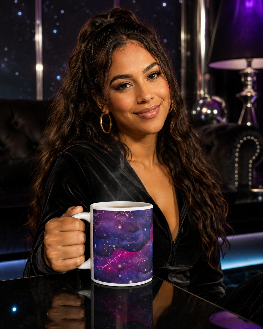 Young woman holding the white handle of the Large Nebula Mug in a luxurious galactic lounge while its purple nebula design and pink logo face forward.