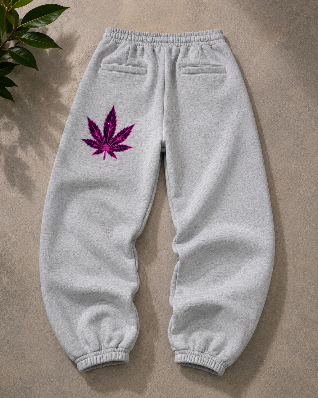 Back view of heather gray oversized fleece sweatpants featuring a pink and black galactic leaf graphic on the left rear leg.