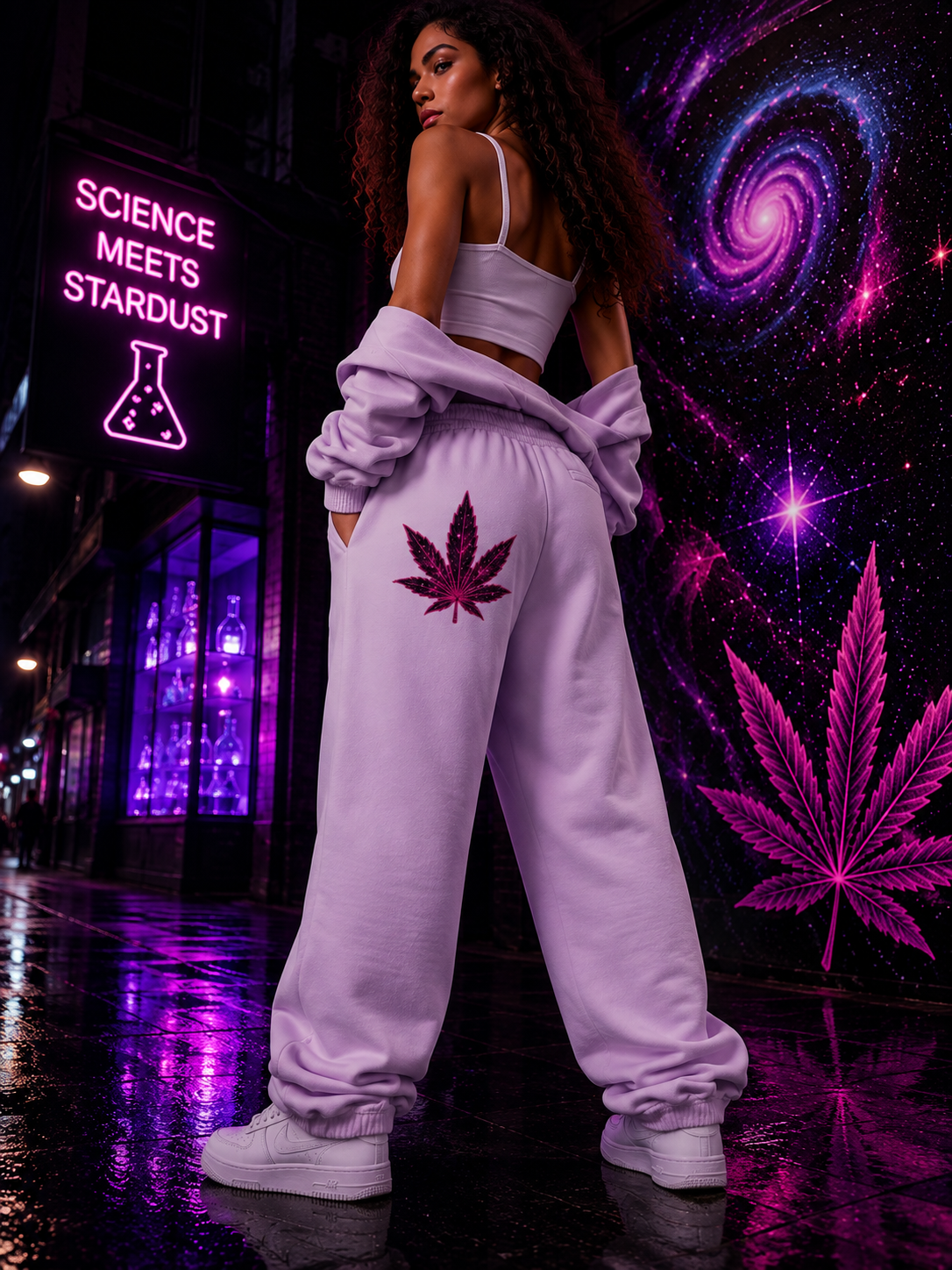 Galactic Leaf Back Lifestyle
Alt Text: Back lifestyle view of lavender Mandi Cruz Media sweatpants featuring the pink galactic leaf graphic against a purple galaxy-inspired streetwear backdrop.