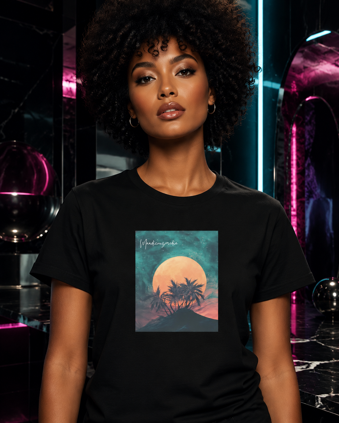 1. Title: Mandi Cruz Media Moonlit Palms Tee – Sage Rooftop
   Alt text: Woman wearing a sage green moon-and-palm graphic T-shirt in a rooftop garden at night.

2. Title: Mandi Cruz Media Moonlit Palms Tee – Coral
   Alt text: Woman modeling a coral moon-and-palm graphic T-shirt in a luxurious celestial lounge.

3. Title: Mandi Cruz Media Moonlit Palms Tee – Black
   Alt text: Woman with natural curls wearing a black moon-and-palm graphic T-shirt in a neon cosmic interior.

4. Title: Mandi Cruz Media Moonli