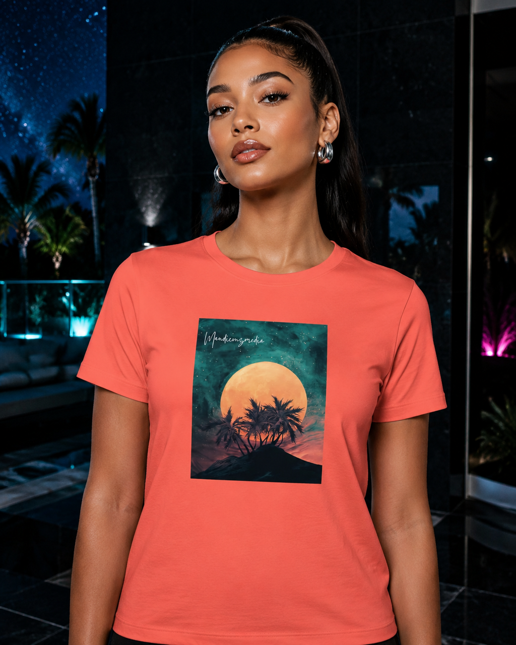 Woman modeling a coral moon-and-palm graphic T-shirt in a luxurious celestial lounge.