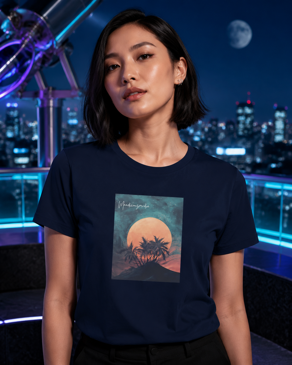 Woman modeling a navy moon-and-palm graphic T-shirt on a rooftop beneath a moonlit city sky.