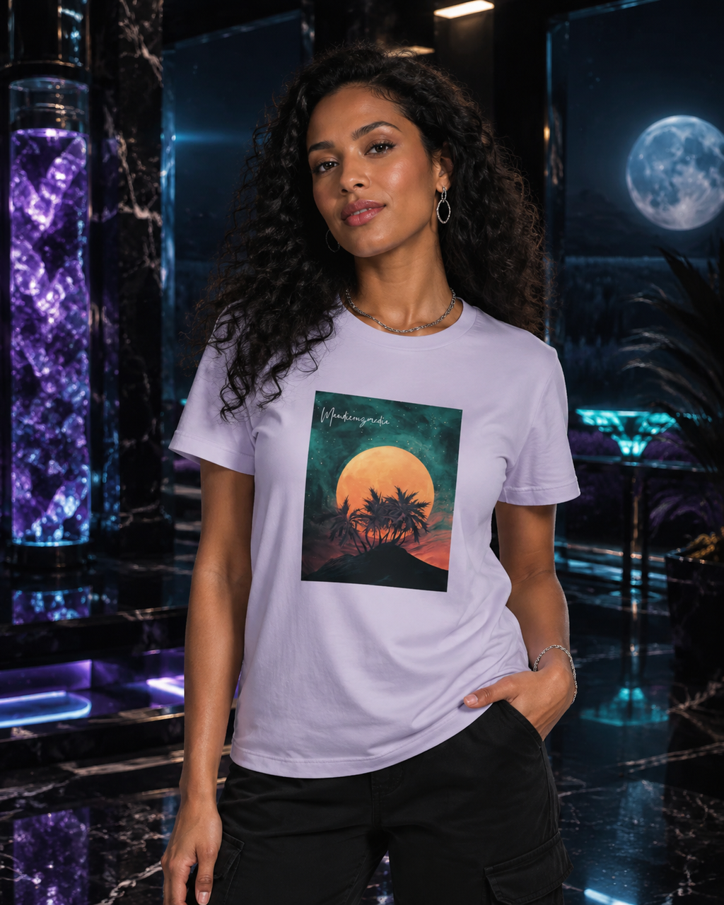 Woman wearing a pale lavender moon-and-palm graphic T-shirt in a luxurious purple-lit celestial lounge.