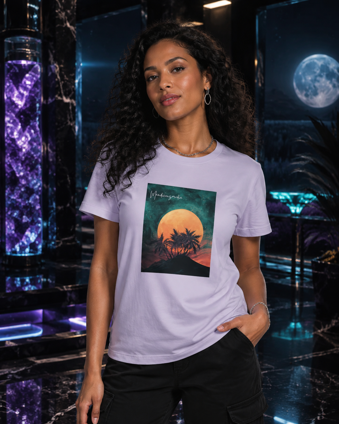 Woman wearing a pale lavender moon-and-palm graphic T-shirt in a luxurious purple-lit celestial lounge.
