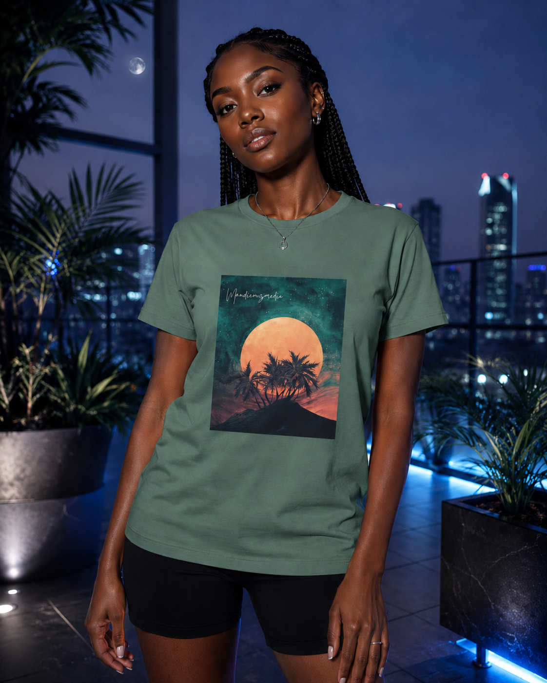 Woman with braids modeling a sage green moon-and-palm graphic T-shirt on a nighttime rooftop.