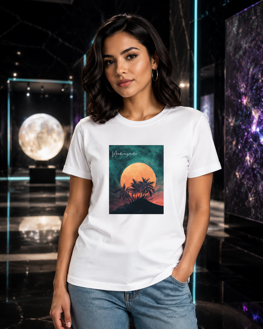 Woman wearing a white moon-and-palm graphic T-shirt inside a black marble celestial gallery.