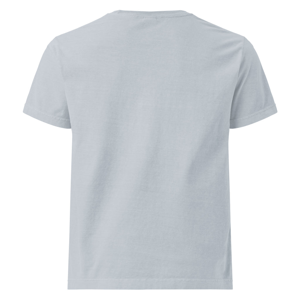 Back view of the light washed denim Start Living oversized tee showing its plain back and relaxed unisex fit.