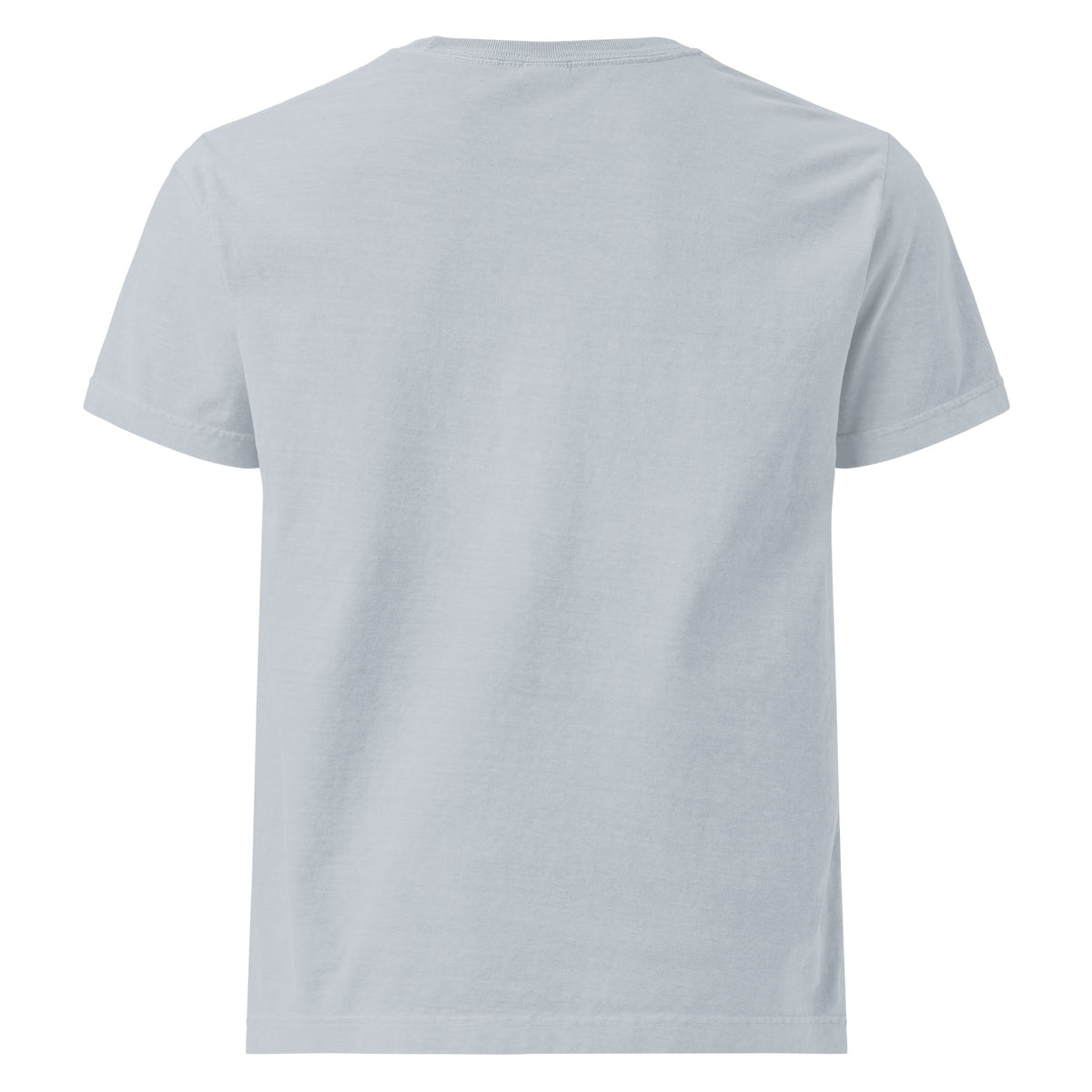 Back view of the light washed denim Start Living oversized tee showing its plain back and relaxed unisex fit.