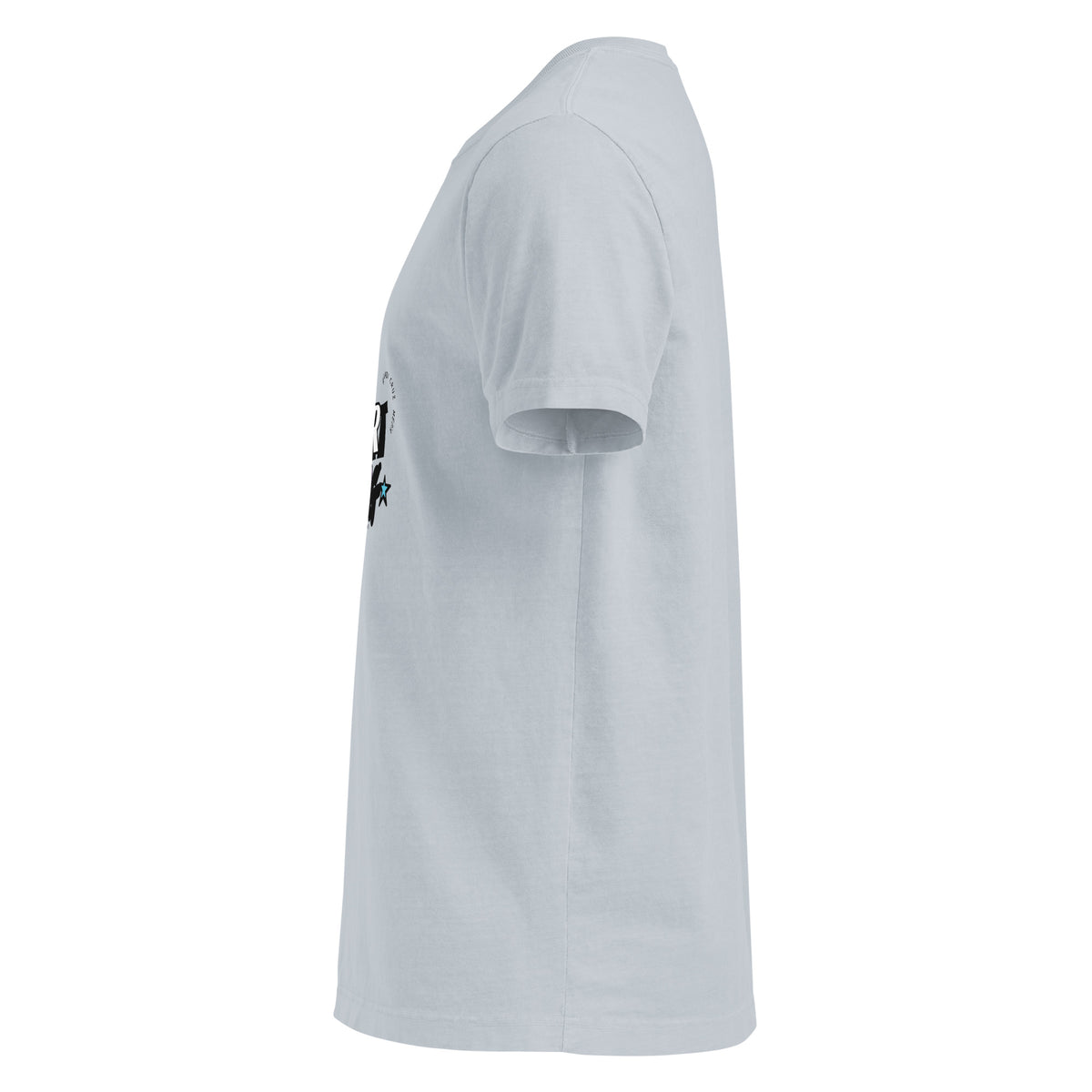 Left-side view of the light washed denim Start Living oversized tee showing its dropped shoulder and loose silhouette.