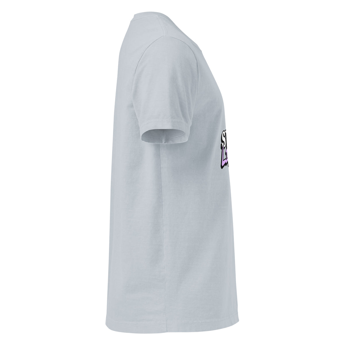Right-side view of the light washed denim Start Living oversized tee showing its wide sleeve and long relaxed hem.