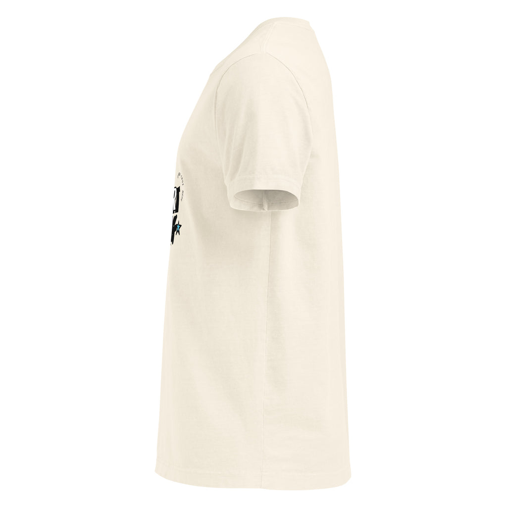 Left-side view of the vintage-white Start Living oversized tee showing its dropped shoulder and loose silhouette.