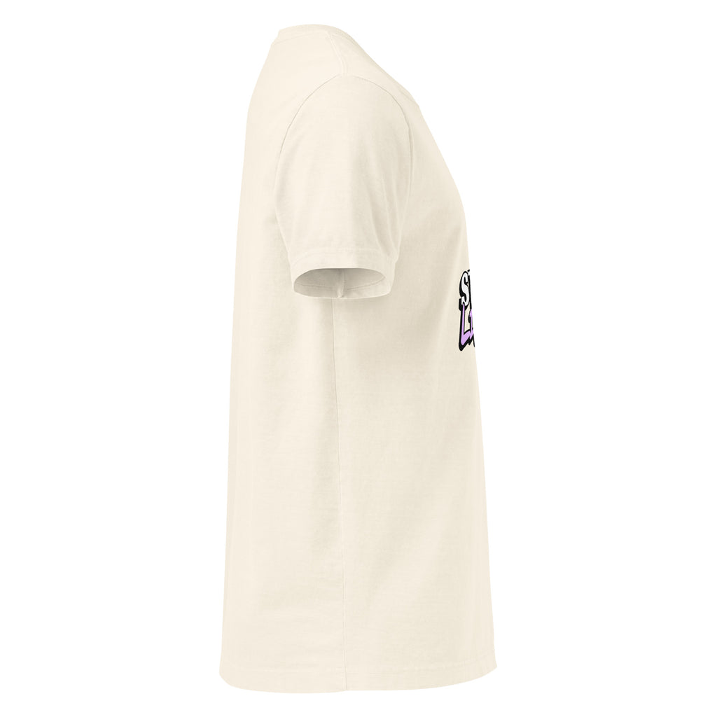Right-side view of the vintage-white Start Living oversized tee showing its wide sleeve and long relaxed hem.