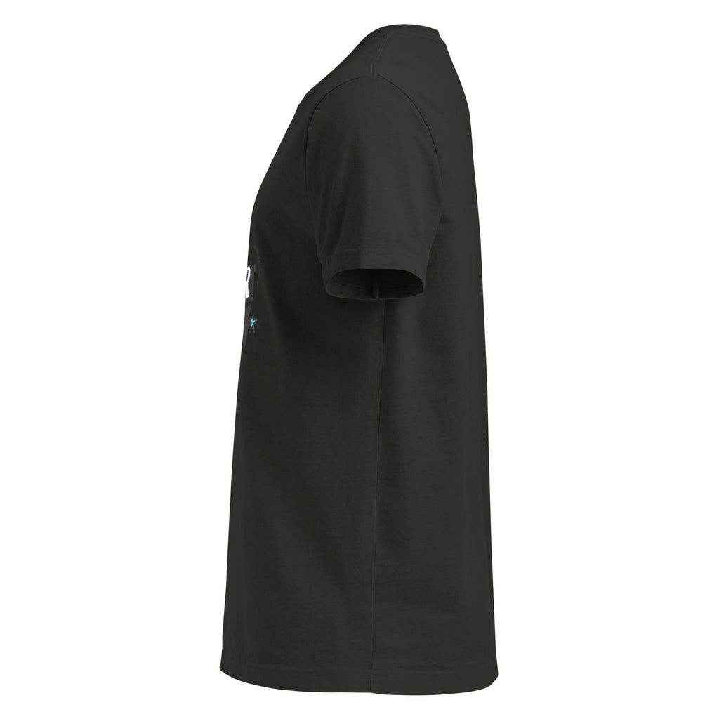 Left-side view of the washed-black Start Living oversized tee showing its dropped shoulder and loose silhouette.