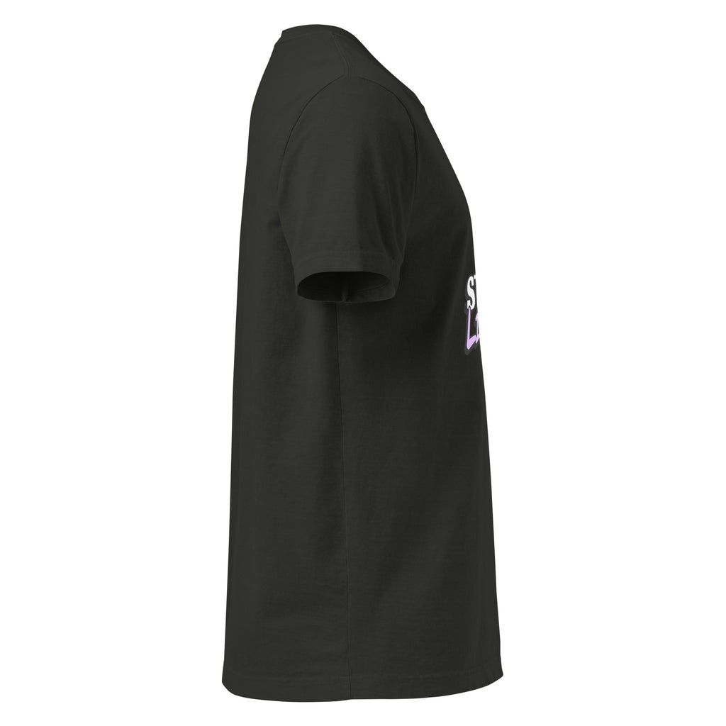 Right-side view of the washed-black Start Living oversized tee showing its wide sleeve and long relaxed hem.