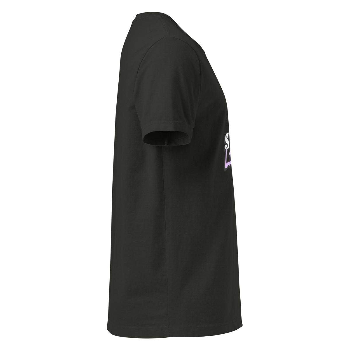 Right-side view of the washed-black Start Living oversized tee showing its wide sleeve and long relaxed hem.