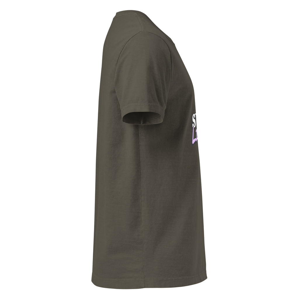 Right-side view of the washed-charcoal Start Living oversized tee showing its wide sleeve and long relaxed hem.