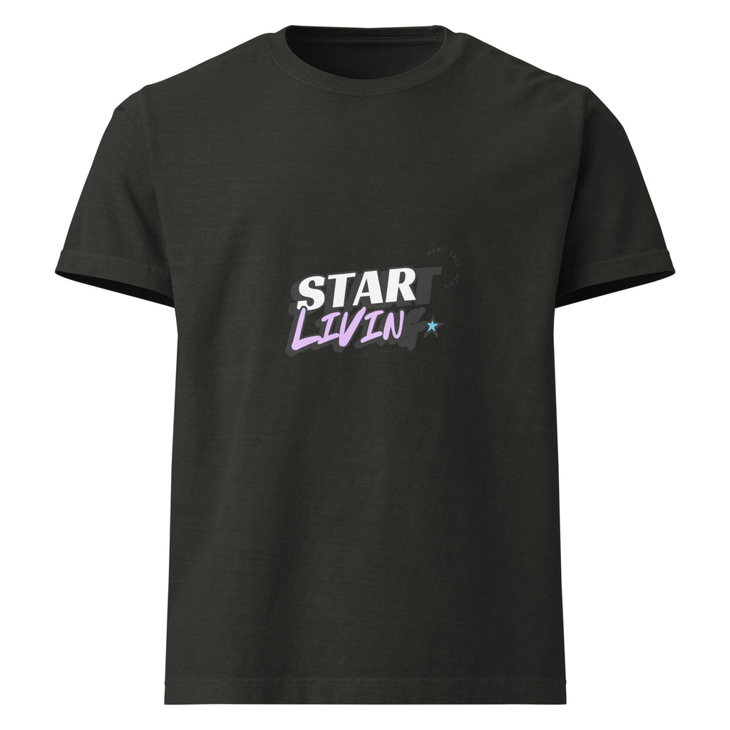 Front view of the washed-black oversized tee featuring the dual-reading “Start Living / Star Livin’” graphic in white, lavender, and cyan.