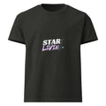 Front view of the washed-black oversized tee featuring the dual-reading “Start Living / Star Livin’” graphic in white, lavender, and cyan.