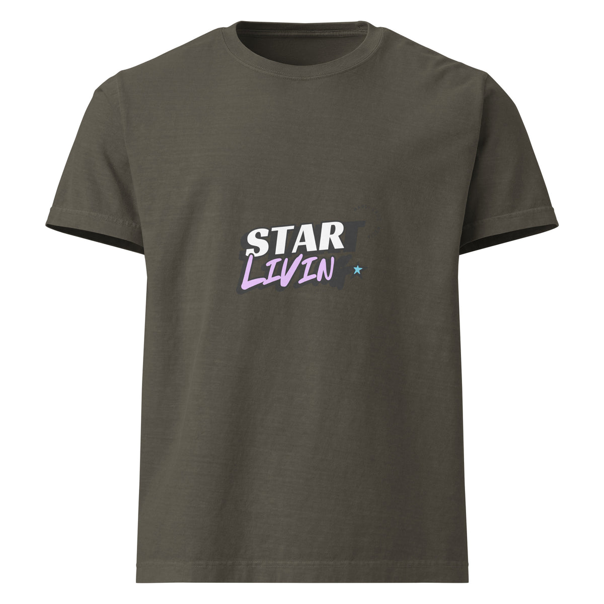 Front view of the washed-charcoal oversized tee featuring the dual-reading “Start Living / Star Livin’” graphic.