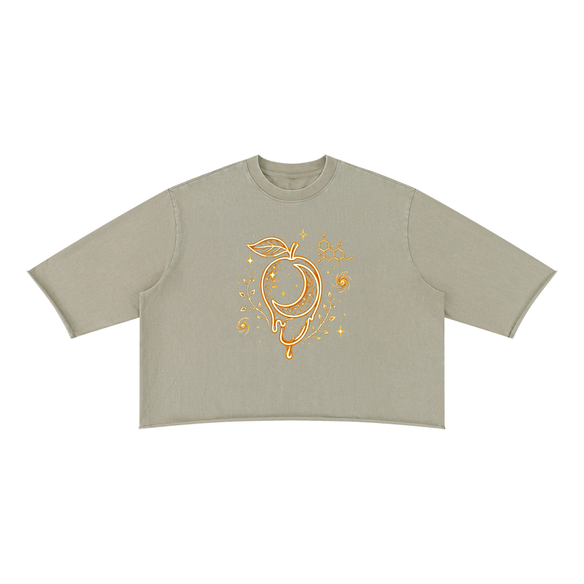 Front product view of the apricot mineral-wash raw-hem boxy tee with gold mango moon, stars, botanicals and myrcene molecule artwork.