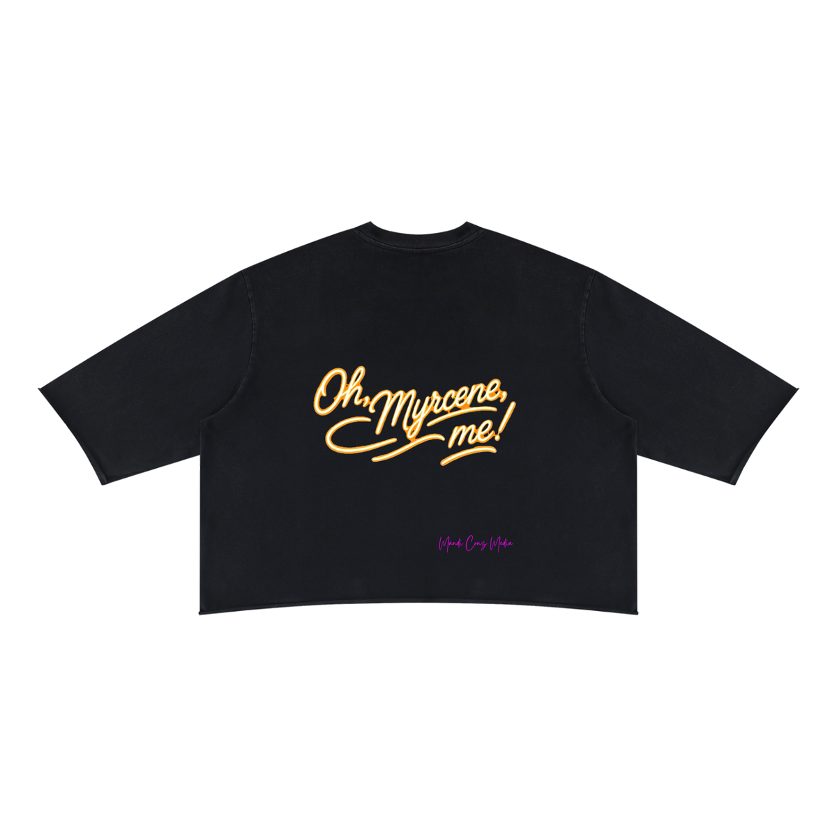 Front product view of the black mineral-wash boxy tee featuring a gold celestial mango, botanical sprigs and myrcene molecule.