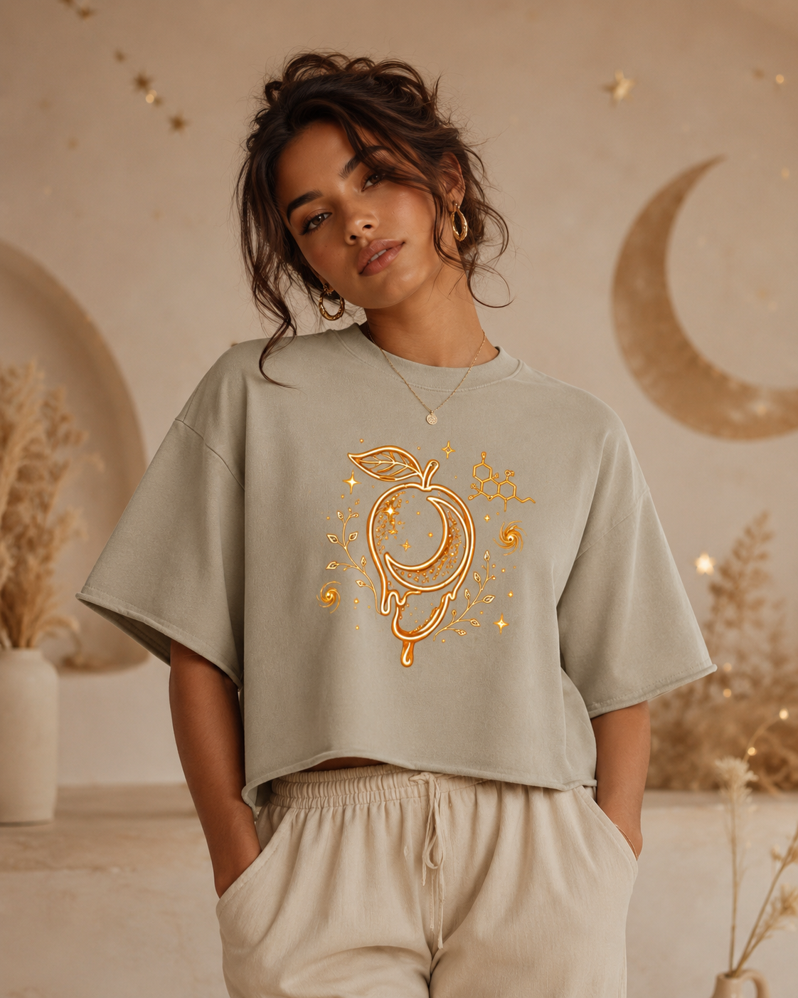 Woman wearing the apricot mineral-wash boxy tee with a gold mango moon, botanical details and myrcene molecule artwork.