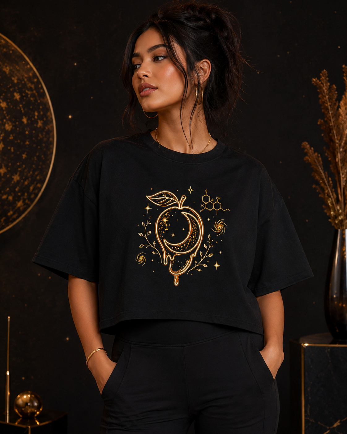 Woman modeling the black raw-hem boxy tee featuring gold celestial mango artwork and a myrcene molecule on the front.