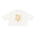 Front product view of the white raw-hem boxy tee featuring gold mango moon, celestial details, botanical sprigs and a myrcene molecule.