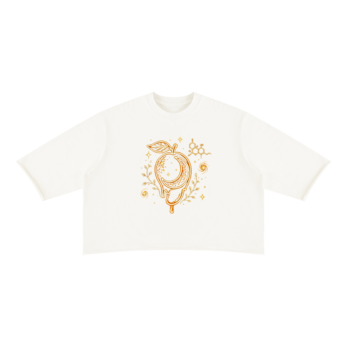 Front product view of the white raw-hem boxy tee featuring gold mango moon, celestial details, botanical sprigs and a myrcene molecule.