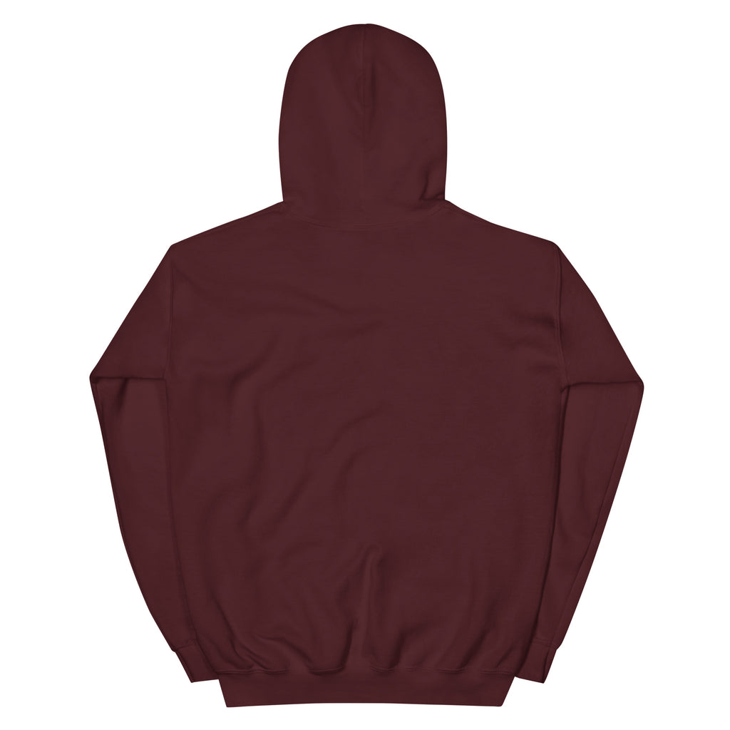 Back product view of the maroon Butterfly Lungs unisex hoodie showing the plain back, hood, long sleeves and ribbed hem