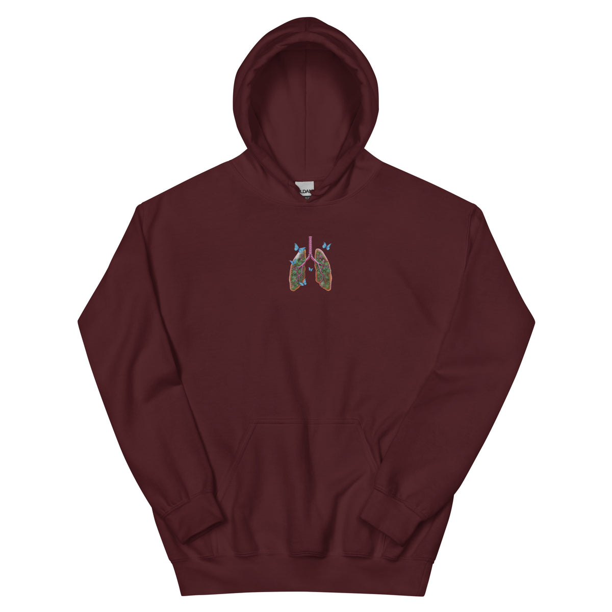Front product view of the maroon unisex hoodie with a colorful anatomical lungs-and-butterflies chest graphic and kangaroo pocket.