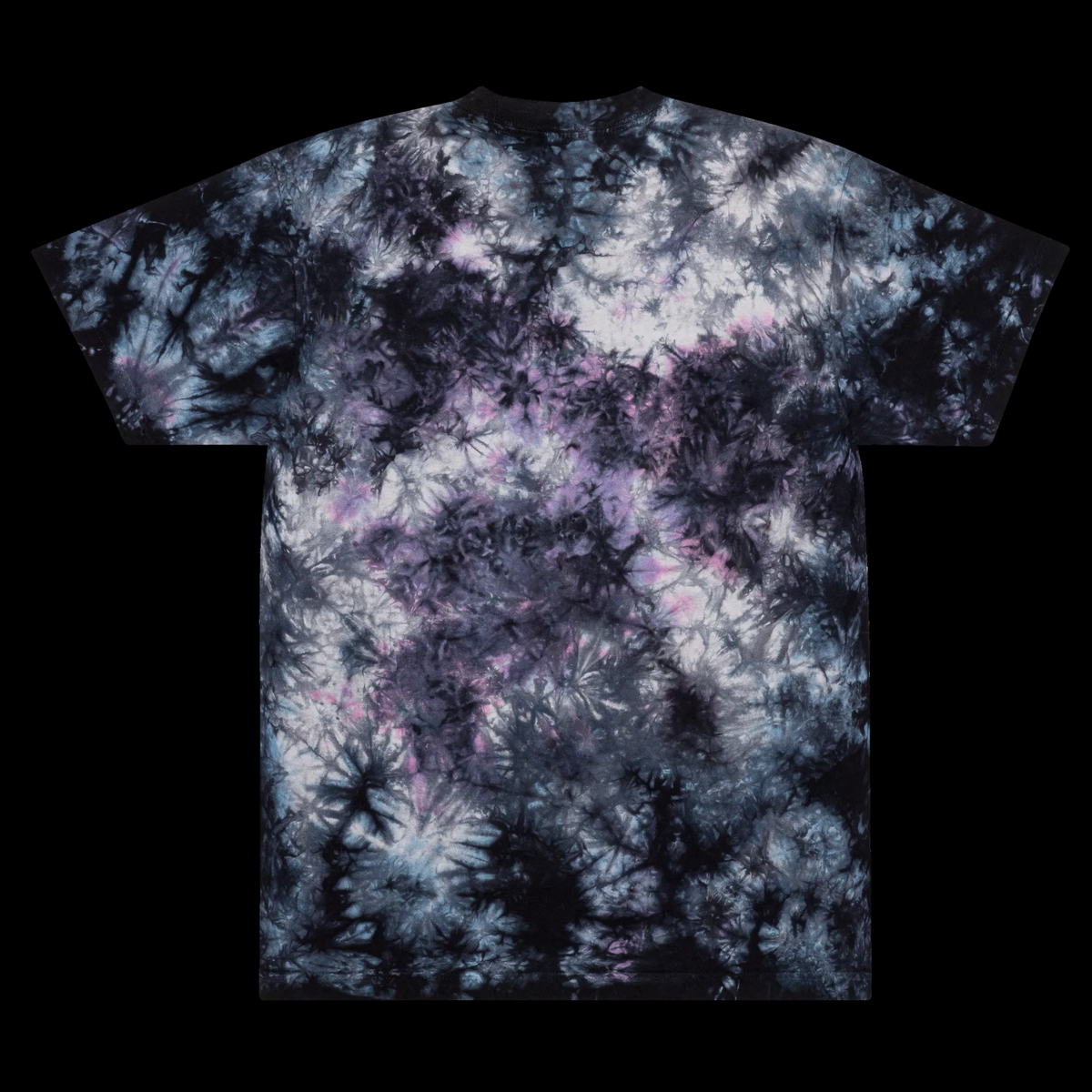 Front view of the oversized Milky Way tie-dye tee with black, smoky grey and muted violet tones plus a white Mandi Cruz Media script logo.