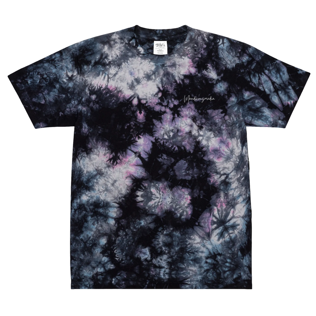 Front view of the oversized Classic Rainbow tie-dye tee with a vivid multicolor spiral and white Mandi Cruz Media script logo.
