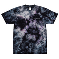 Front view of the oversized Classic Rainbow tie-dye tee with a vivid multicolor spiral and white Mandi Cruz Media script logo.