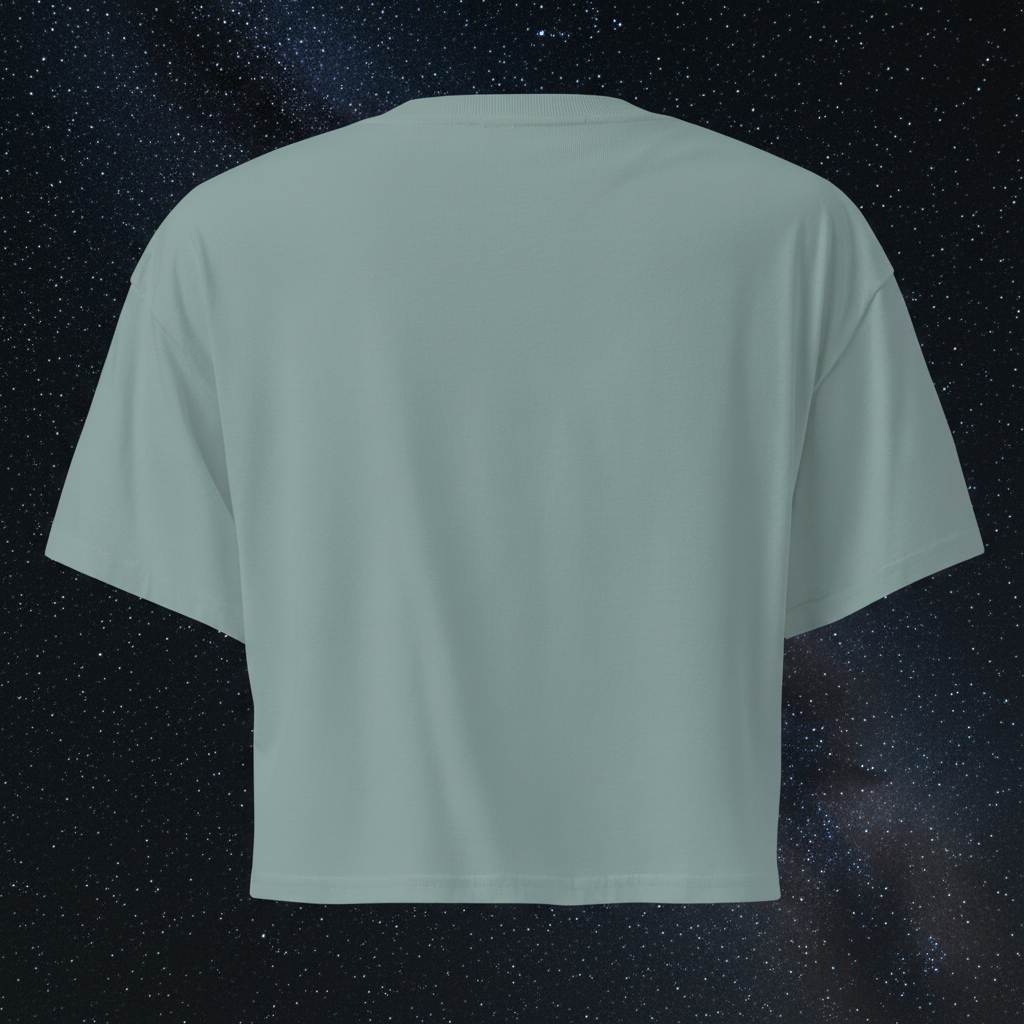 Back view of the mineral Butterfly Lungs crop top showing its plain back, dropped shoulders and cropped silhouette.