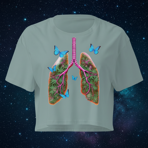 Front view of the mineral women’s crop top featuring Butterfly Lungs artwork with botanical and celestial details.